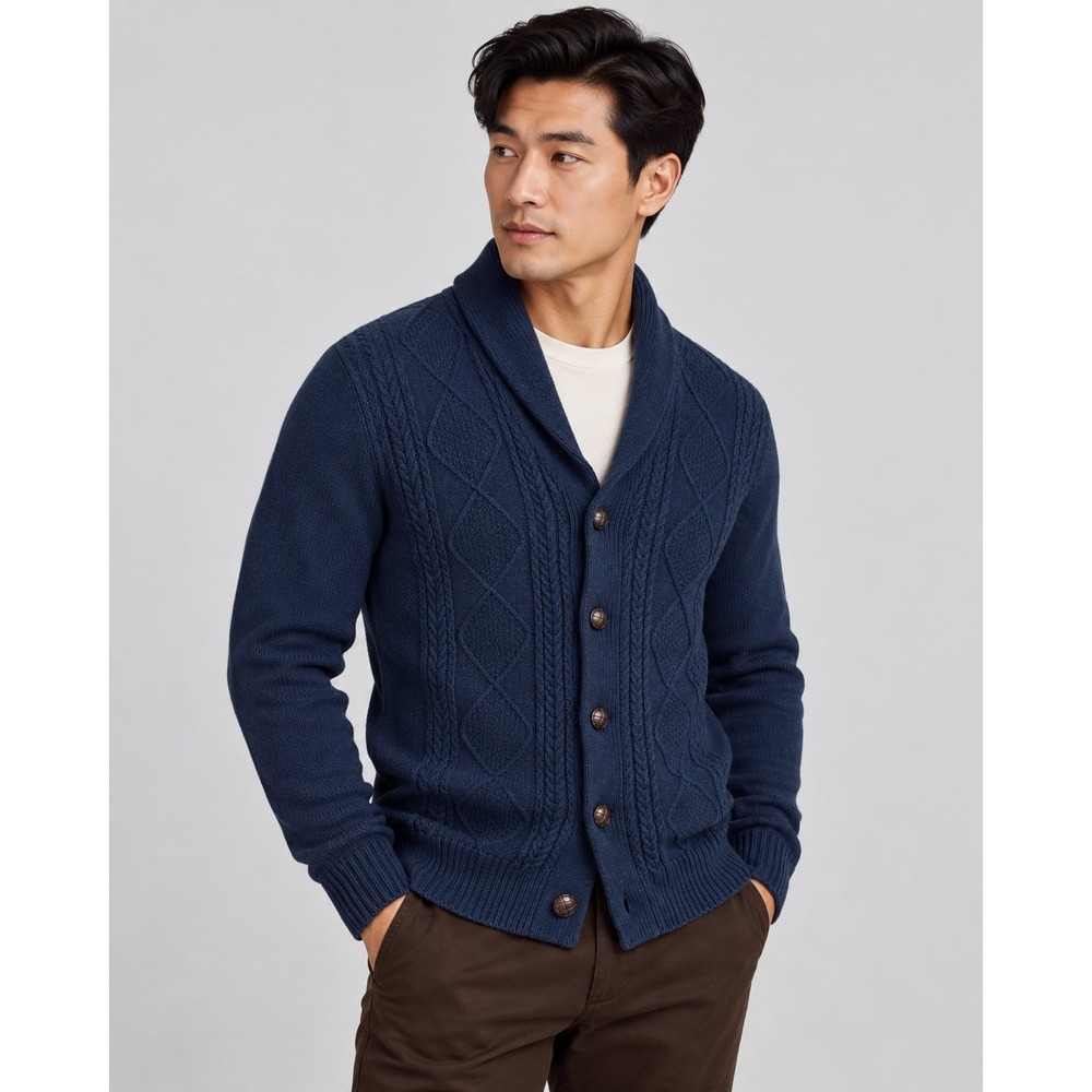 Haggar Mens Navy Blue Shawl Collar Cable Knit Cardigan Sweater Large